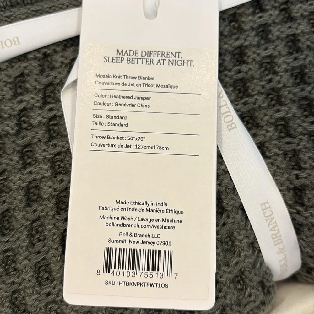 Boll & Branch - NWT Mosaic knit throw blanket - heathered juniper - Picture 2 of 5